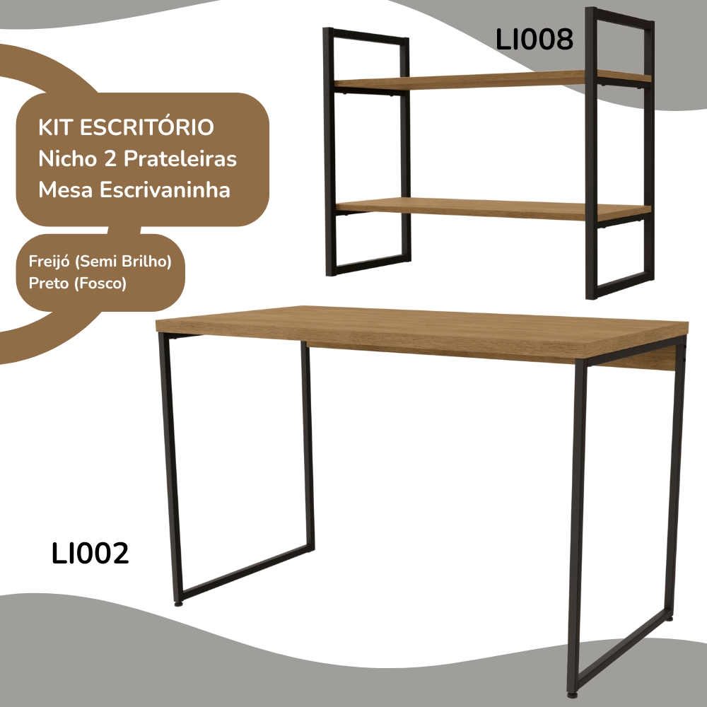 Mesa Escrivaninha E Nicho 2 Prateleiras Freijo Preto Fosco KPB