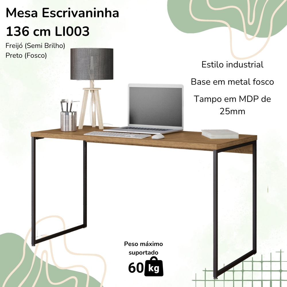 Mesa Escrivaninha Escritorio 136 cm LI003 Freijo Preto Fosco KPB