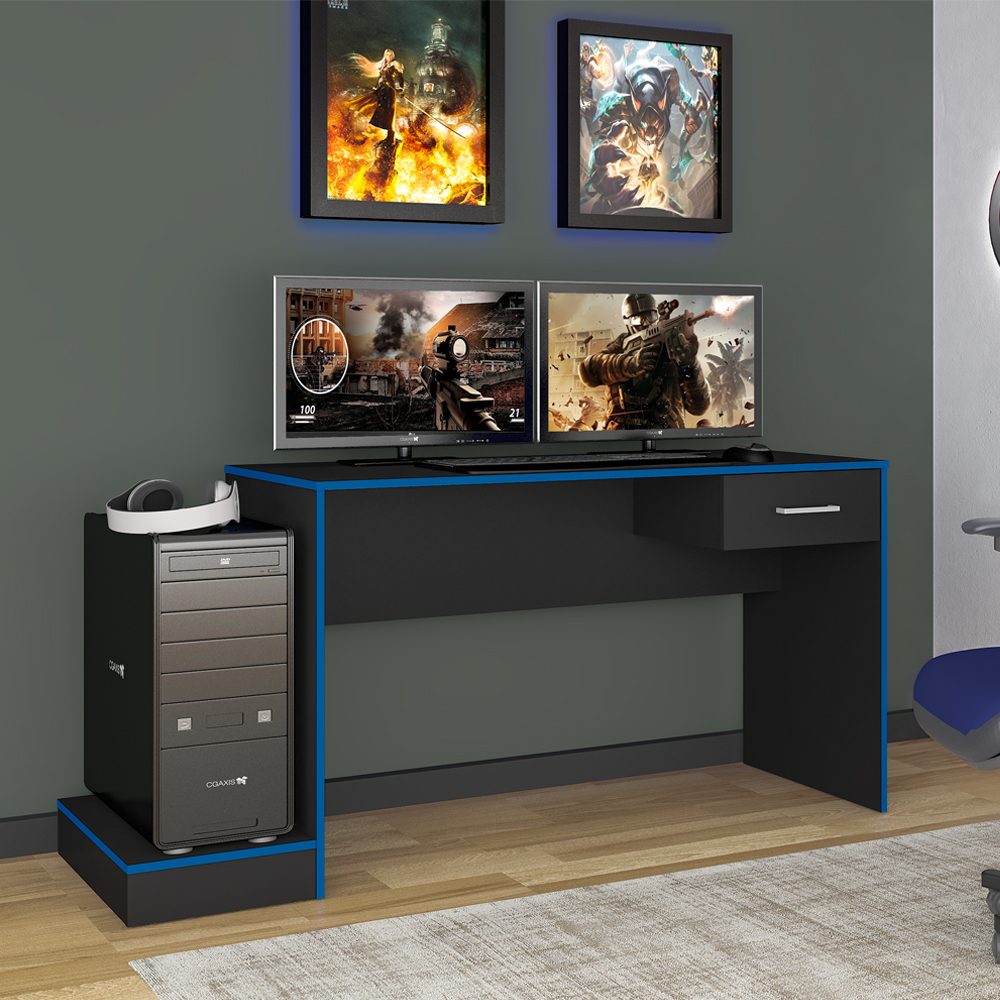 Mesa Escrivaninha Gamer 1 Gaveta 160 cm Preto Azul ARLY