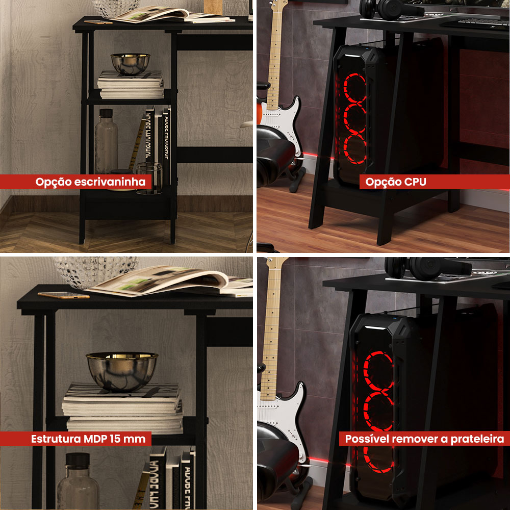 Mesa Escrivaninha Gamer 2 Prateleiras 120 cm MC190 Preto Dtall