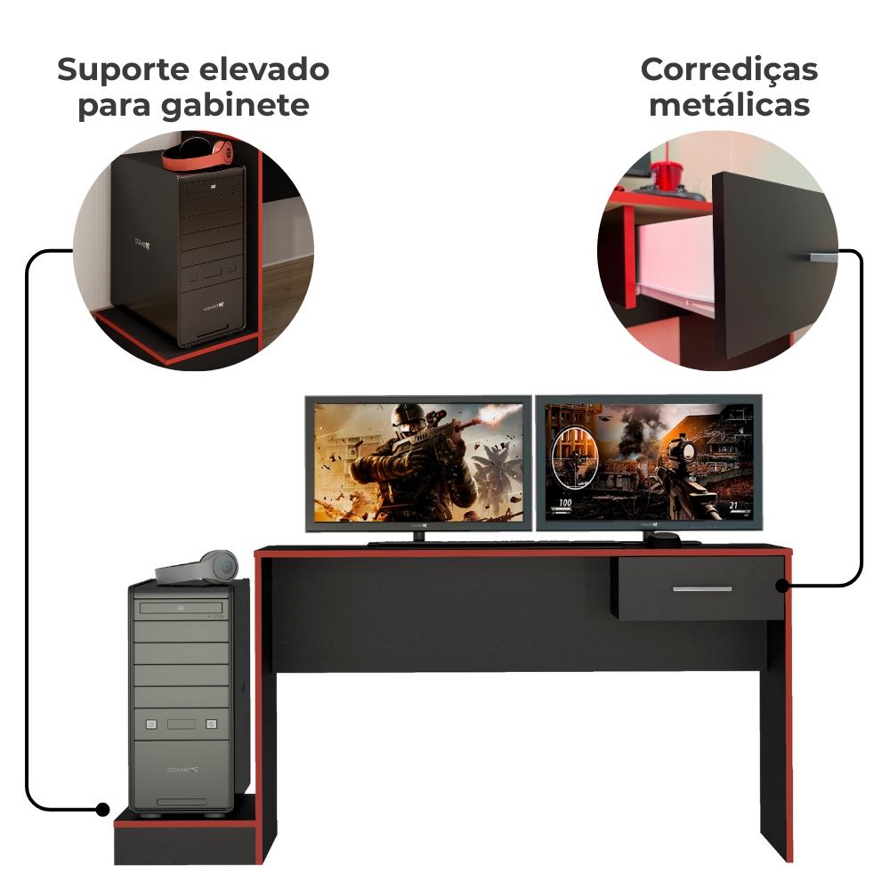 Mesa Gamer 1 Gaveta E Estante Livreiro Preto Vermelho ARLY