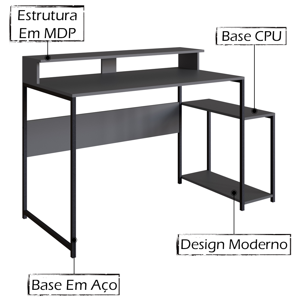 Mesa Para Computador Gamer RYZE 4500 Preto Grafite PP
