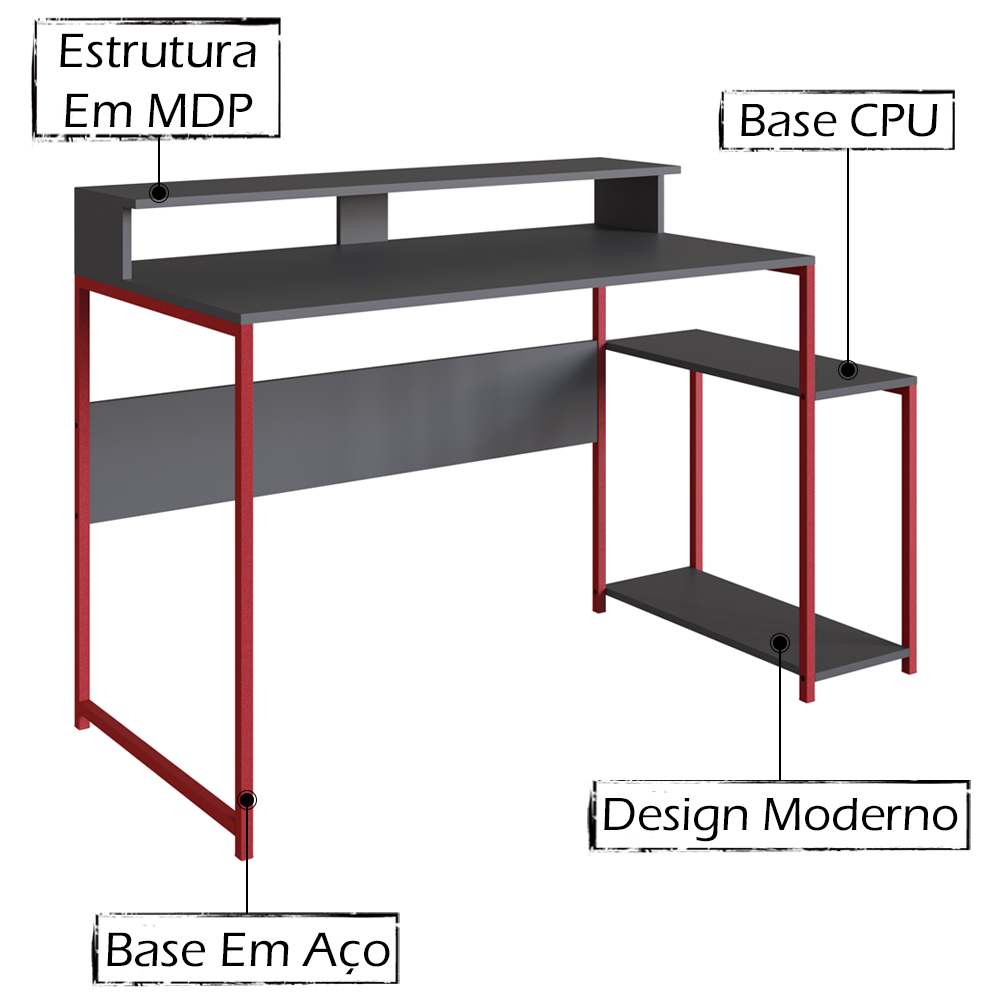 Mesa Para Computador Gamer RYZE 4500 Vermelho Grafite PP