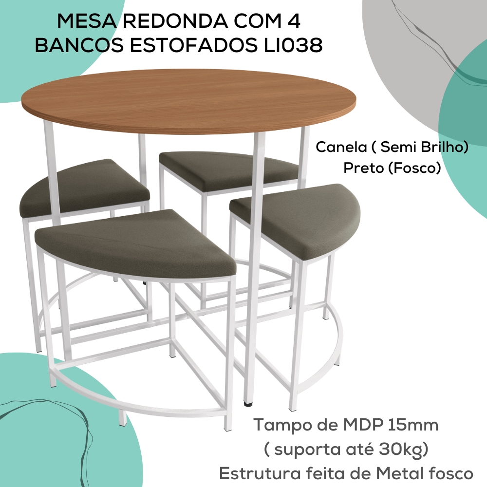 Mesa Redonda 4 Bancos 90X76 cm LI038 Canela Branco KPB