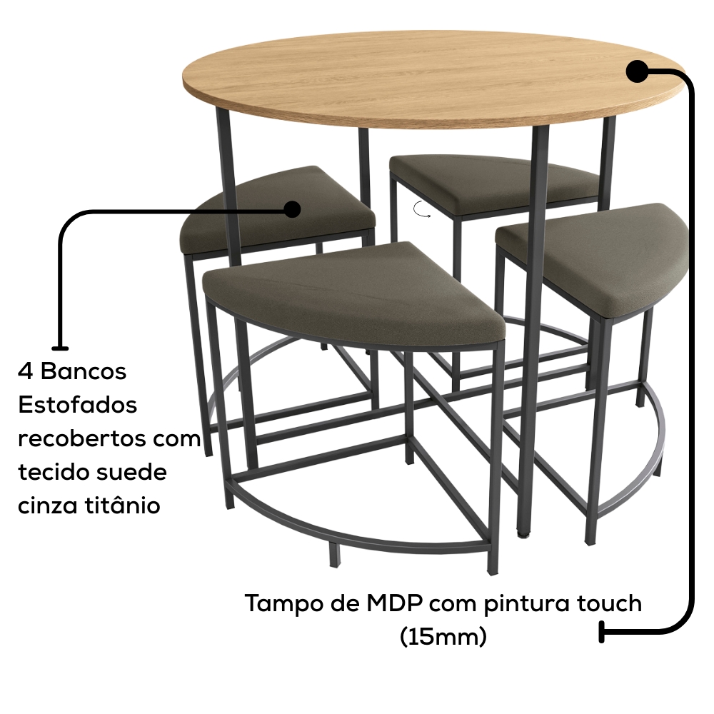 Mesa Redonda 4 Bancos 90X76 cm LI038 Freijo Preto Fosco KPB