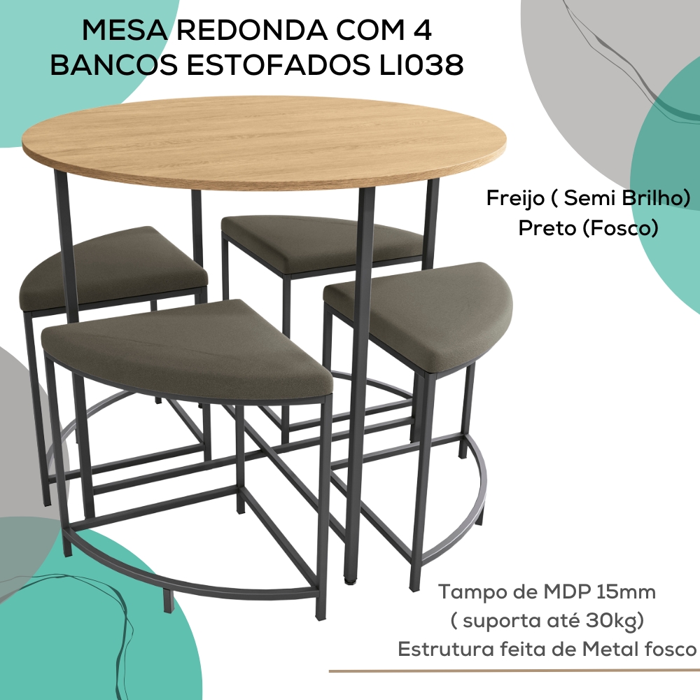 Mesa Redonda 4 Bancos 90X76 cm LI038 Freijo Preto Fosco KPB