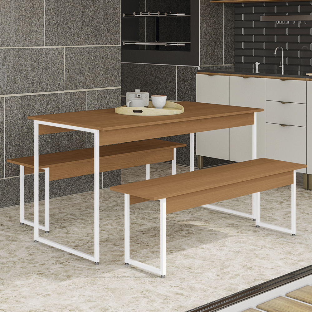 Mesa com 2 Bancos Estilo Industrial LI013 Canela Branco KPB