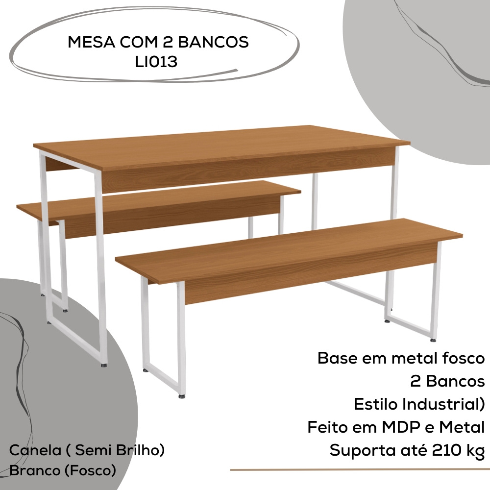 Mesa com 2 Bancos Estilo Industrial LI013 Canela Branco KPB