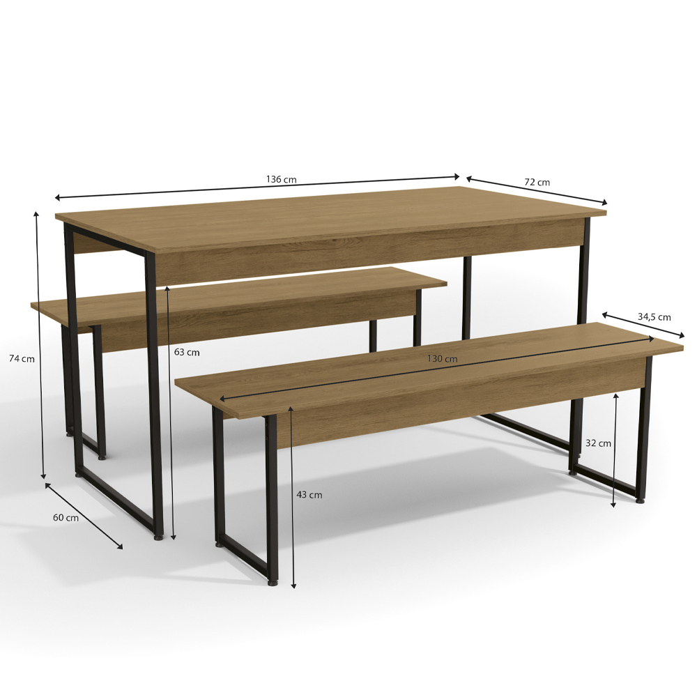 Mesa com 2 Bancos Estilo Industrial LI013 Freijo Preto Fosco KPB