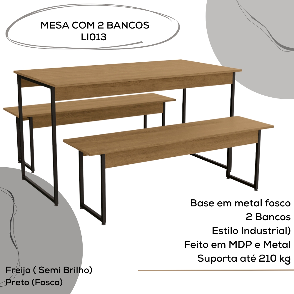 Mesa com 2 Bancos Estilo Industrial LI013 Freijo Preto Fosco KPB