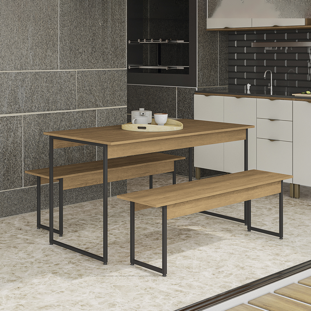 Mesa com 2 Bancos Estilo Industrial LI013 Freijo Preto Fosco KPB