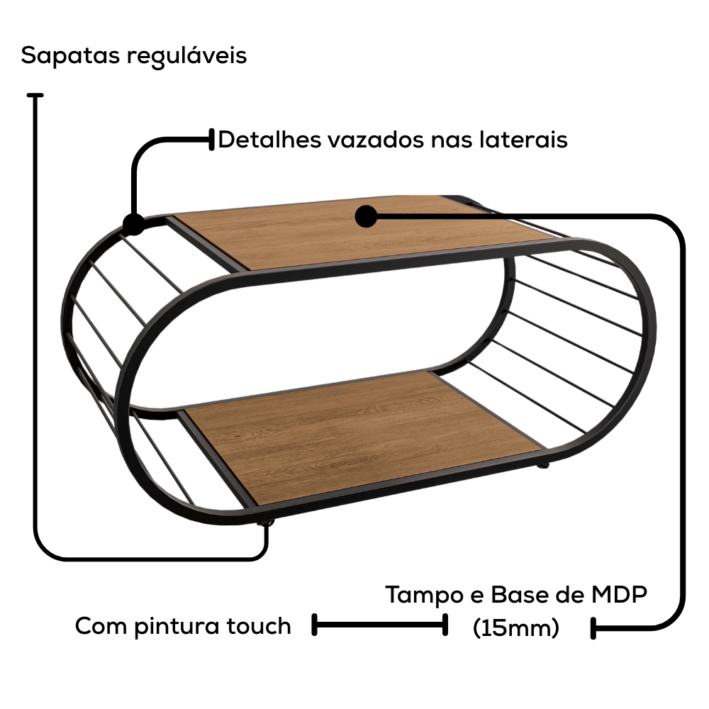 Mesa de Centro Industrial 90 cm LI039 Freijo Preto Fosco KPB