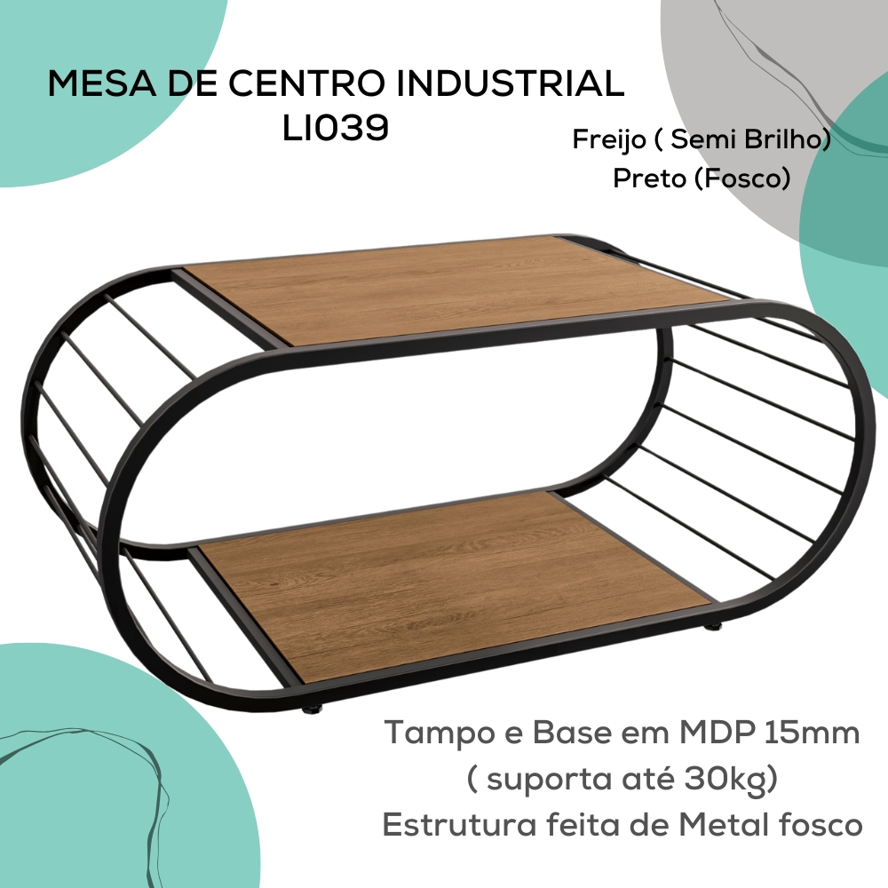 Mesa de Centro Industrial 90 cm LI039 Freijo Preto Fosco KPB