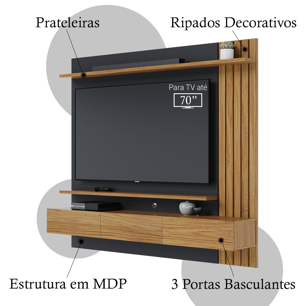 Painel Home Suspenso Para TV 70 Polegadas Juriti Noce Milano Preto CLB