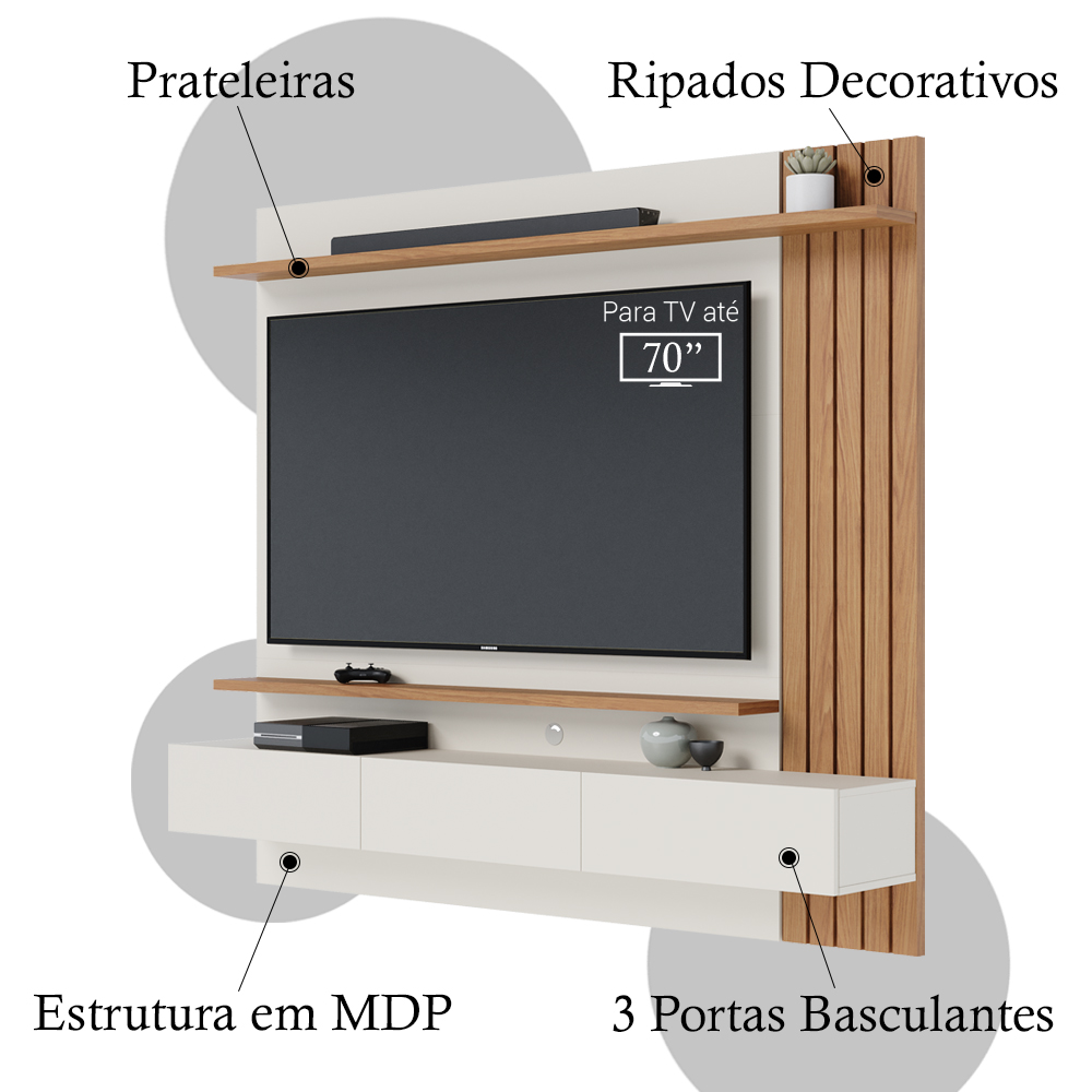 Painel Home Suspenso Para TV 70 Polegadas Juriti Off White Matte Freijo CLB