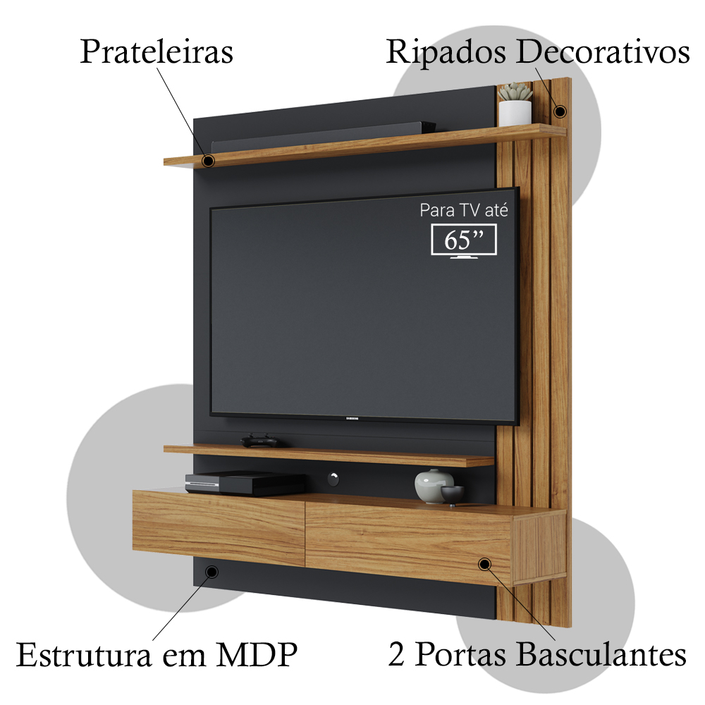 Painel Home Suspenso TV 65 Polegadas Juriti Noce Milano Preto CLB
