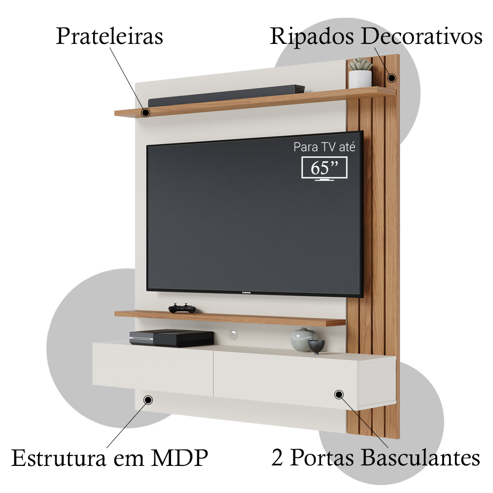 Painel Home Suspenso TV 65 Polegadas Juriti Off White Matte Freijo CLB