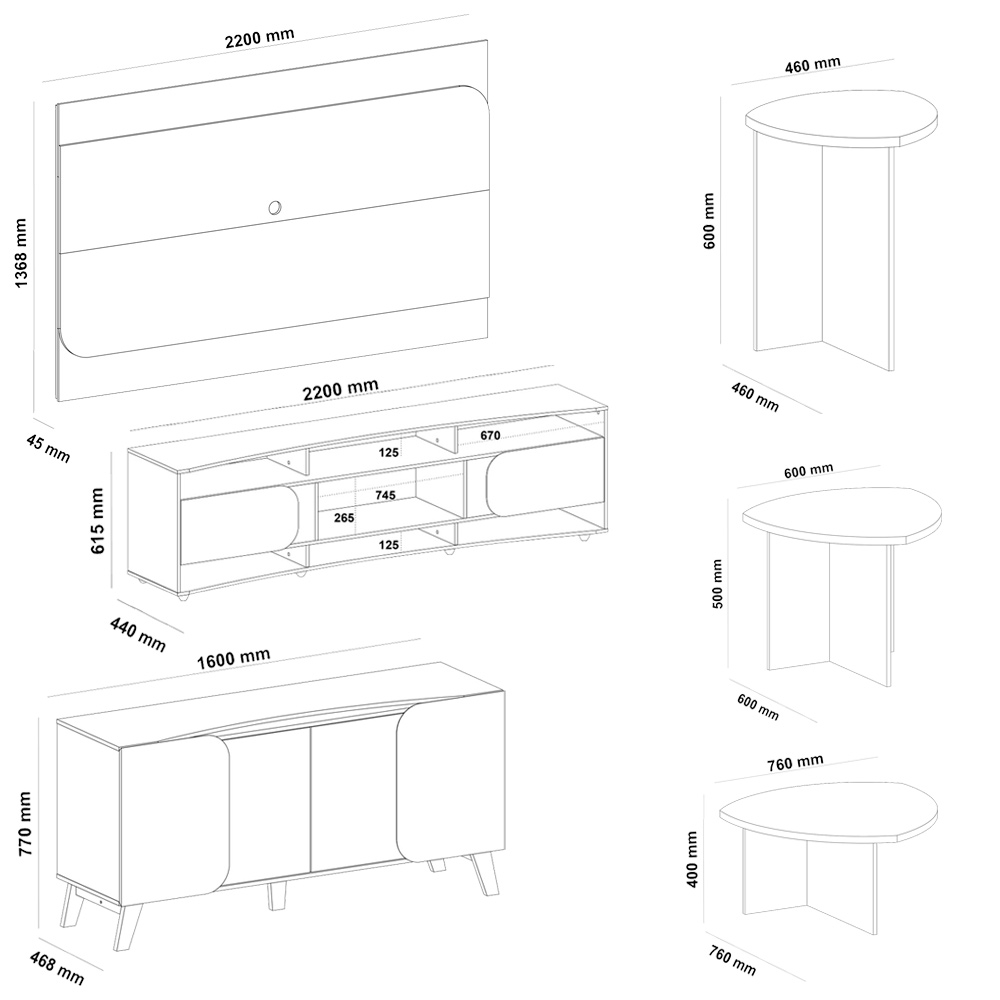 Painel Rack Buffet Mesas Sala de Estar ED45 Cedro Off White ARLY