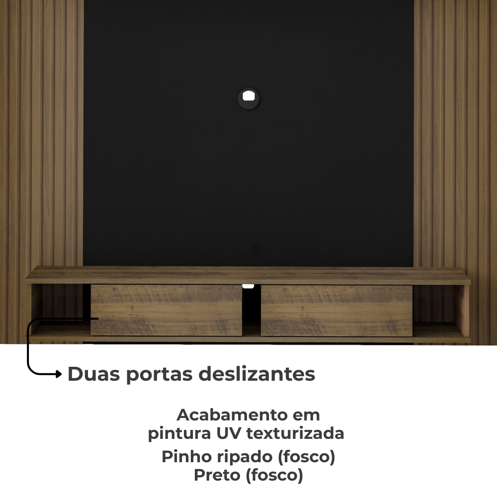 Painel Suspenso Para TV 72 Pol 176 cm Pinho Ripado Preto ARLY