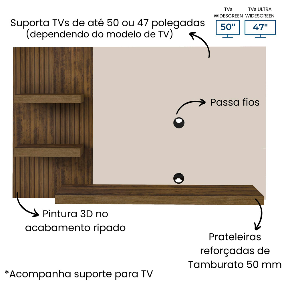 Painel Suspenso Tv 50 Pol 160 cm 4157 Pinho Ripado Off White ARLY