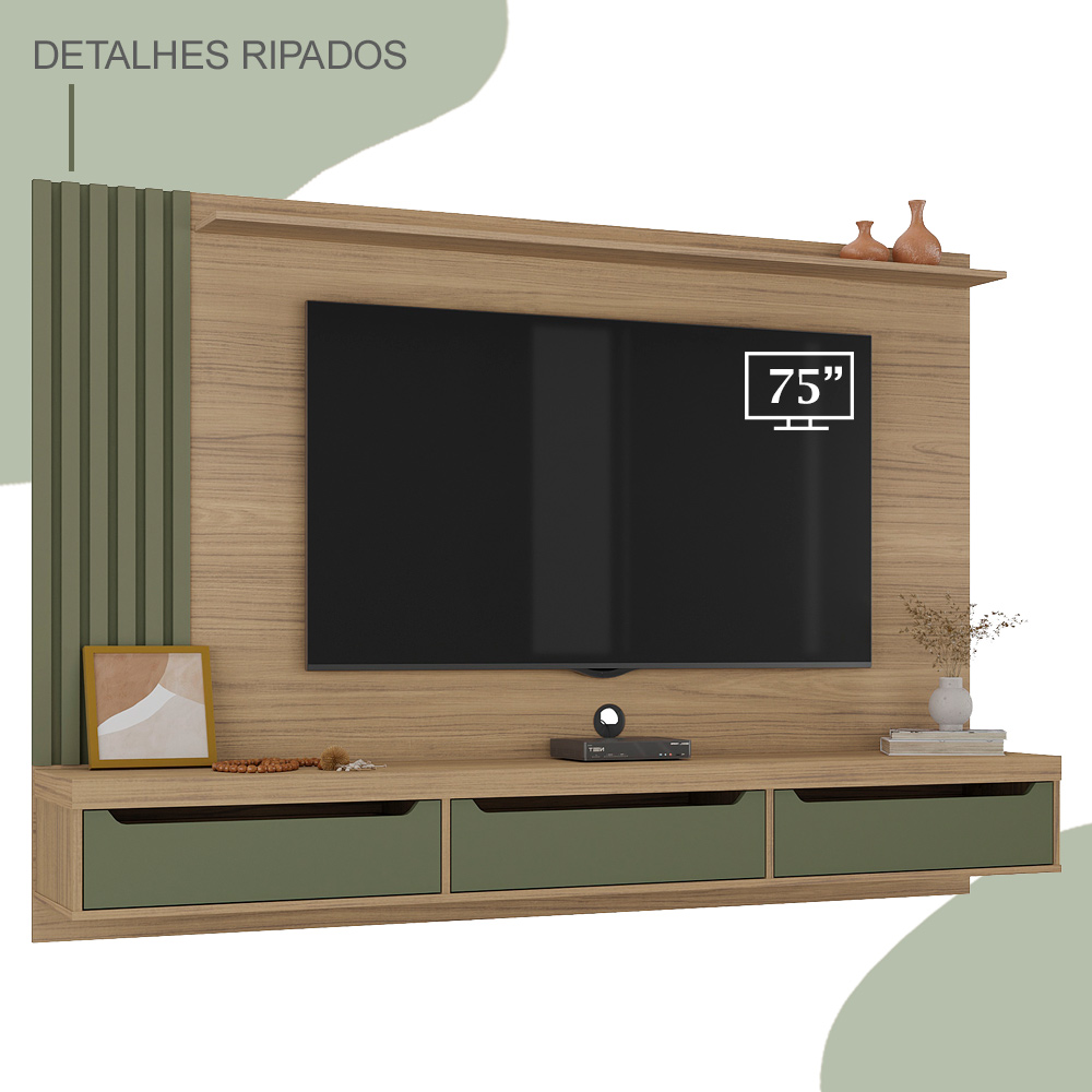 Painel Suspenso Tv 75 Pol 200 cm 4584 Carvalho Menta ARLY
