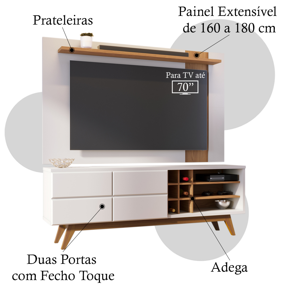Painel TV 70 Polegadas Leme E Rack 2 Portas Noronha Off White Matte Freijo CLB
