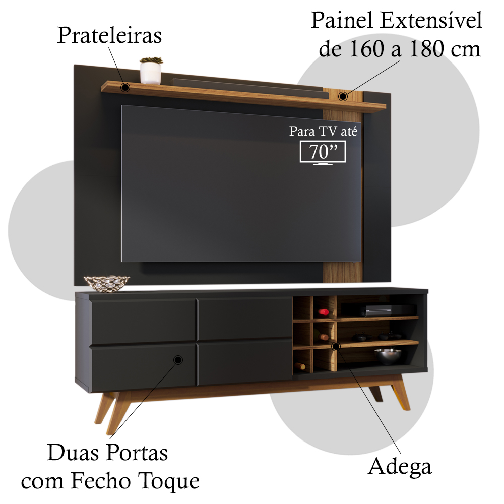 Painel TV 70 Polegadas Leme E Rack 2 Portas Noronha Preto Noce Milano CLB