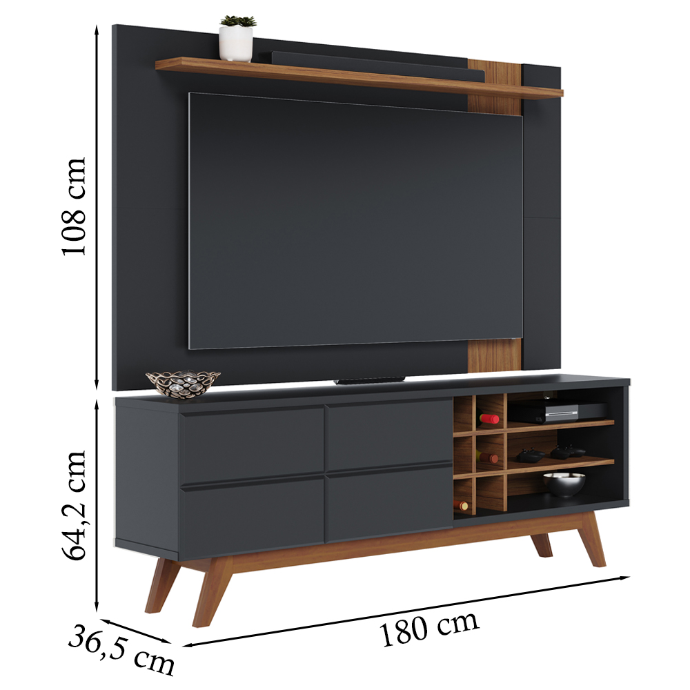 Painel TV 70 Polegadas Leme E Rack 2 Portas Noronha Preto Noce Milano CLB