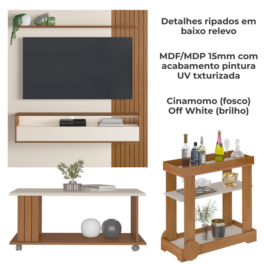 Painel TV 72 Pol 160 cm Carrinho Bar E Mesa De Centro Cinamomo Off White ARLY