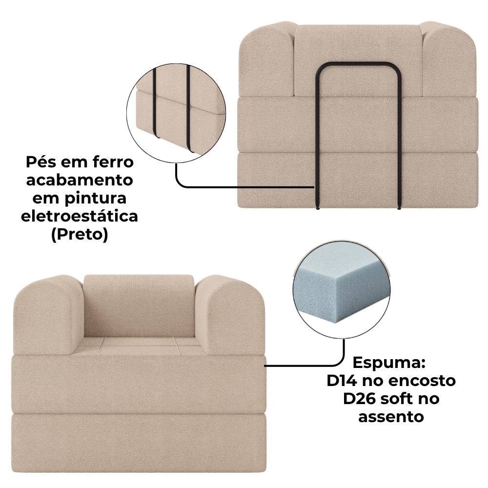 Poltrona Decorativa 90 cm Pes Metal Monaco Boucle Bege Milani Store