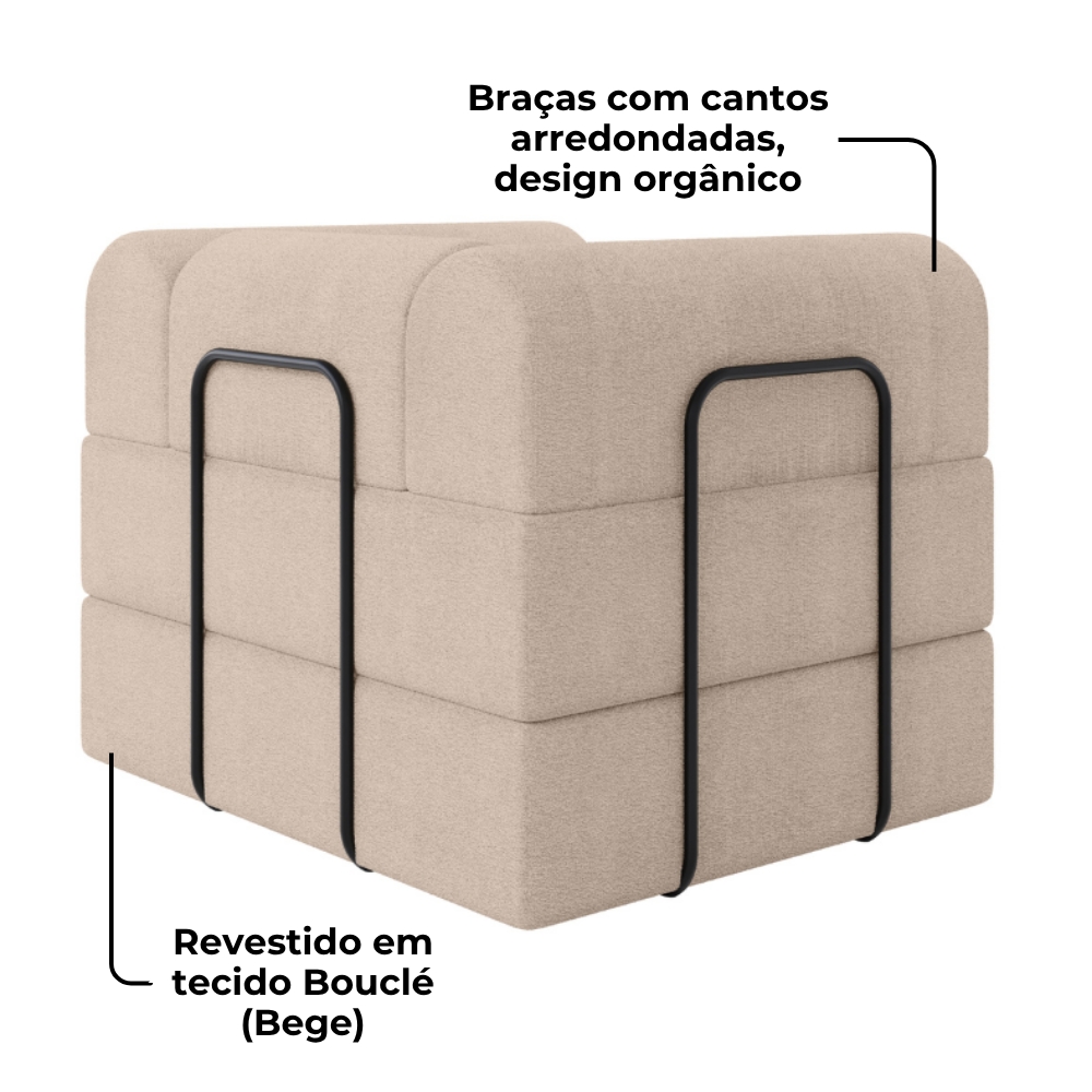 Poltrona Decorativa 90 cm Pes Metal Monaco Boucle Bege Milani Store