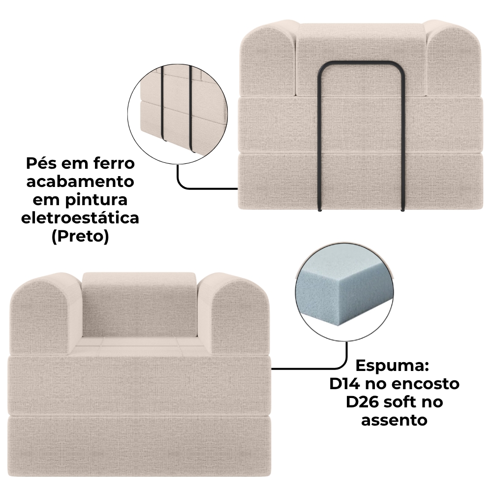 Poltrona Decorativa 90 cm Pes Metal Monaco Linho Bege Milani Store