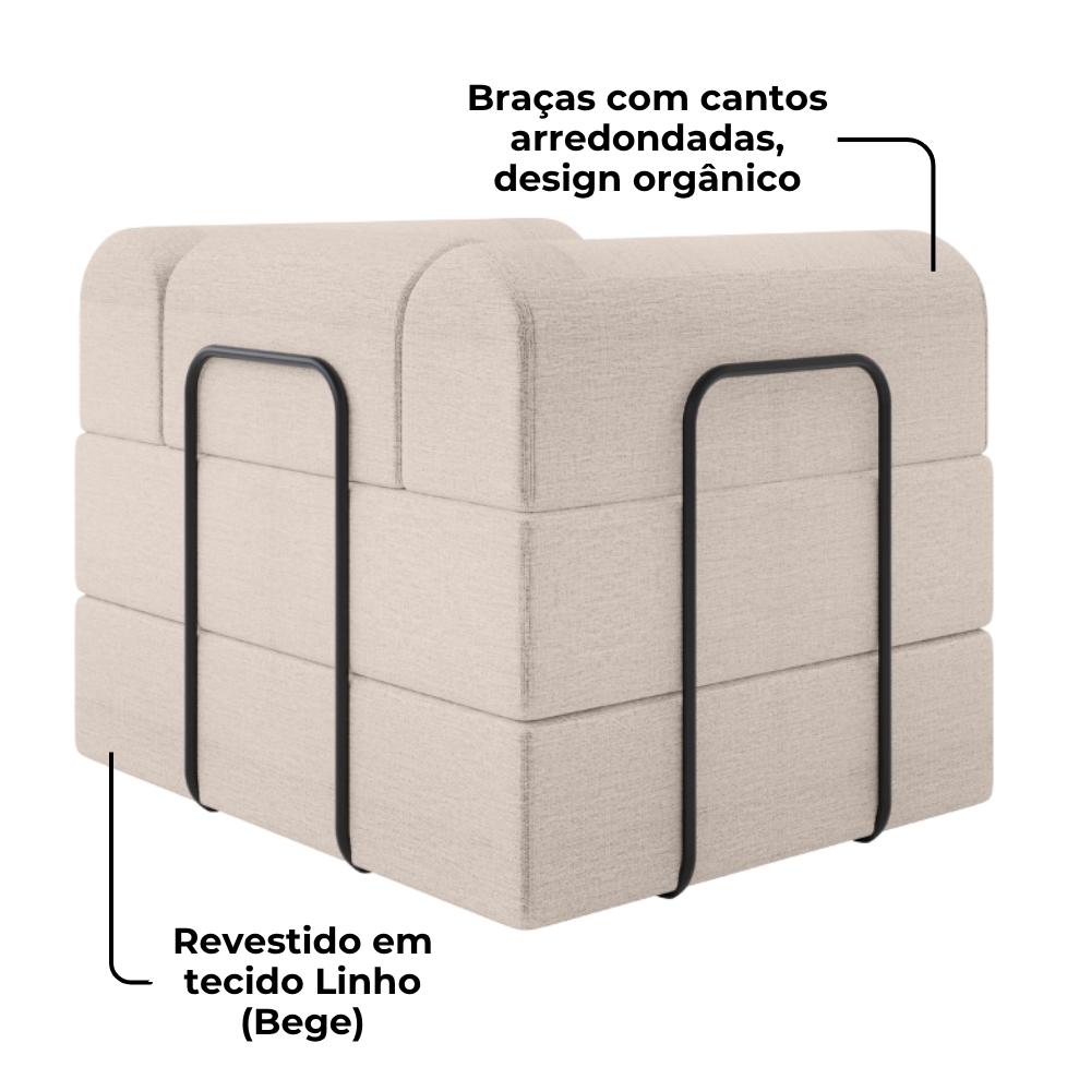 Poltrona Decorativa 90 cm Pes Metal Monaco Linho Bege Milani Store