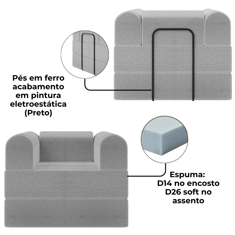 Poltrona Decorativa 90 cm Pes Metal Monaco Linho Cinza Milani Store