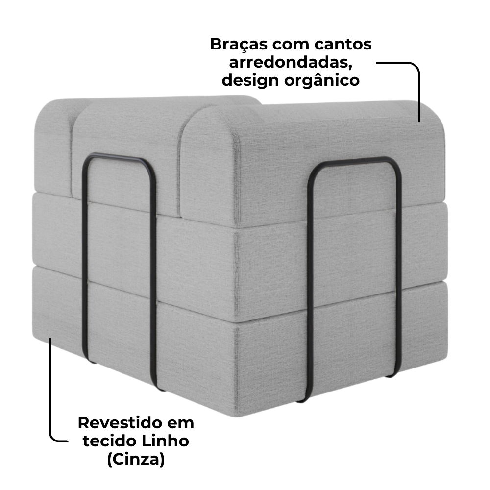 Poltrona Decorativa 90 cm Pes Metal Monaco Linho Cinza Milani Store