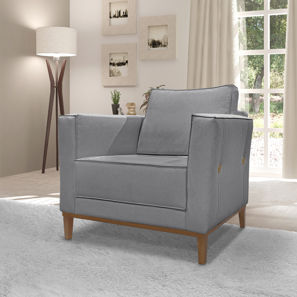 Poltrona Decorativa Balli 1 Lugar Pes Madeira Linho Cinza Ezz