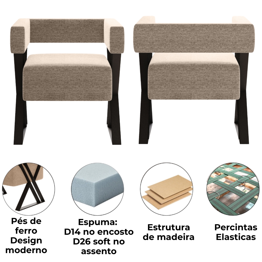 Poltrona Decorativa Pes Metal Mirela Linho Bege Milani Store