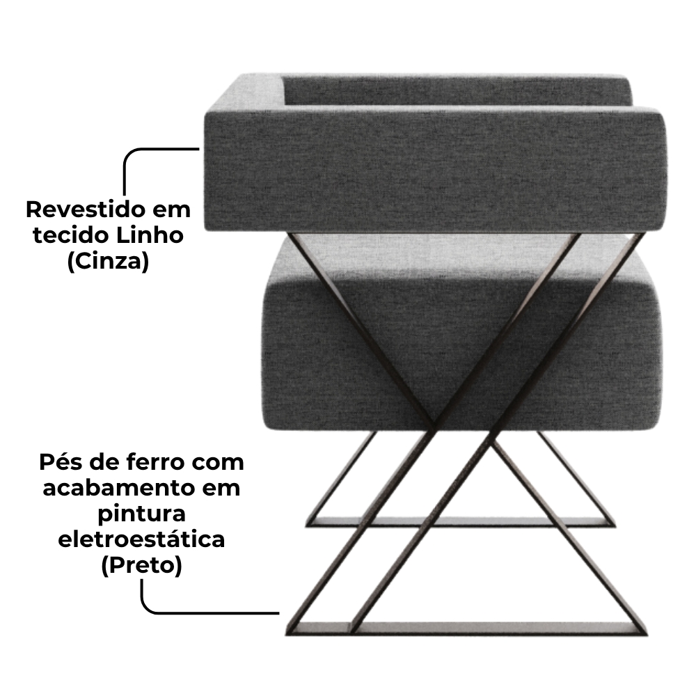Poltrona Decorativa Pes Metal Mirela Linho Cinza Milani Store