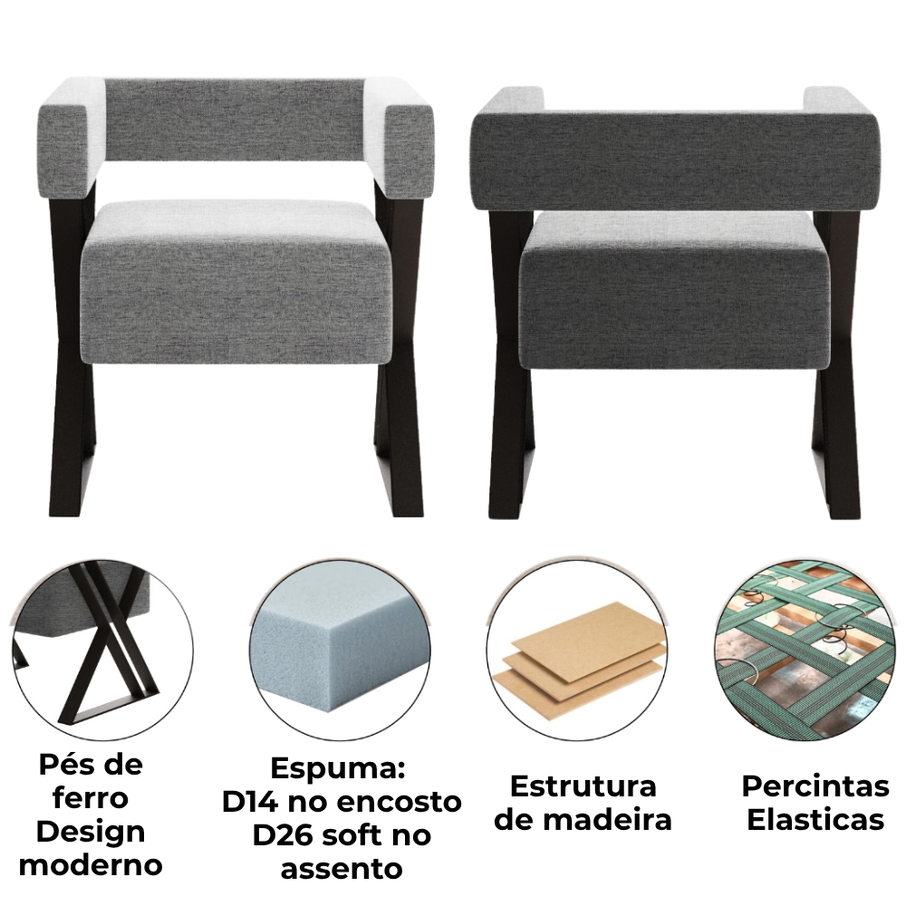 Poltrona Decorativa Pes Metal Mirela Linho Cinza Milani Store