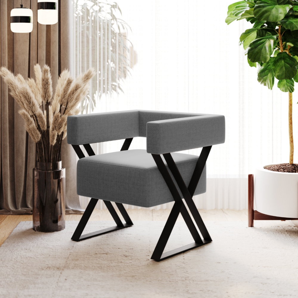 Poltrona Decorativa Pes Metal Mirela Linho Cinza Milani Store