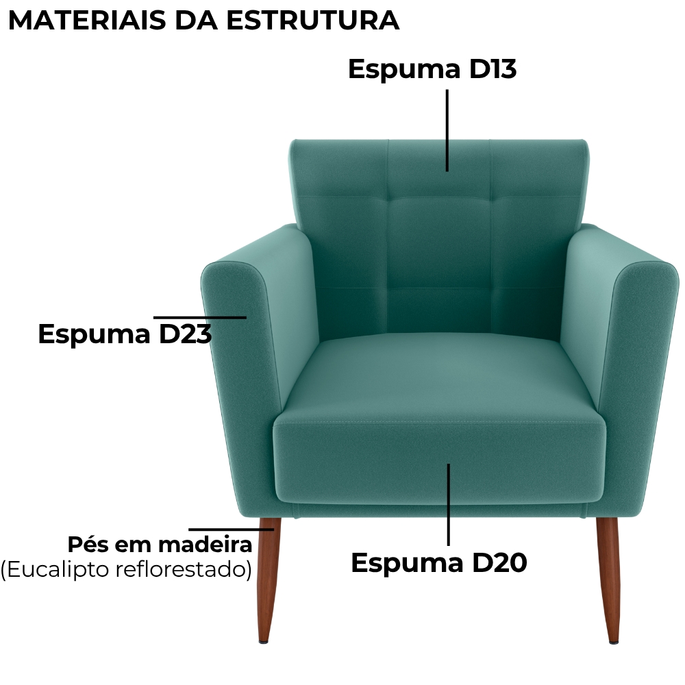 Poltrona Decorativa Pes Palito Cancun Veludo Deluxe Verde Milani Store