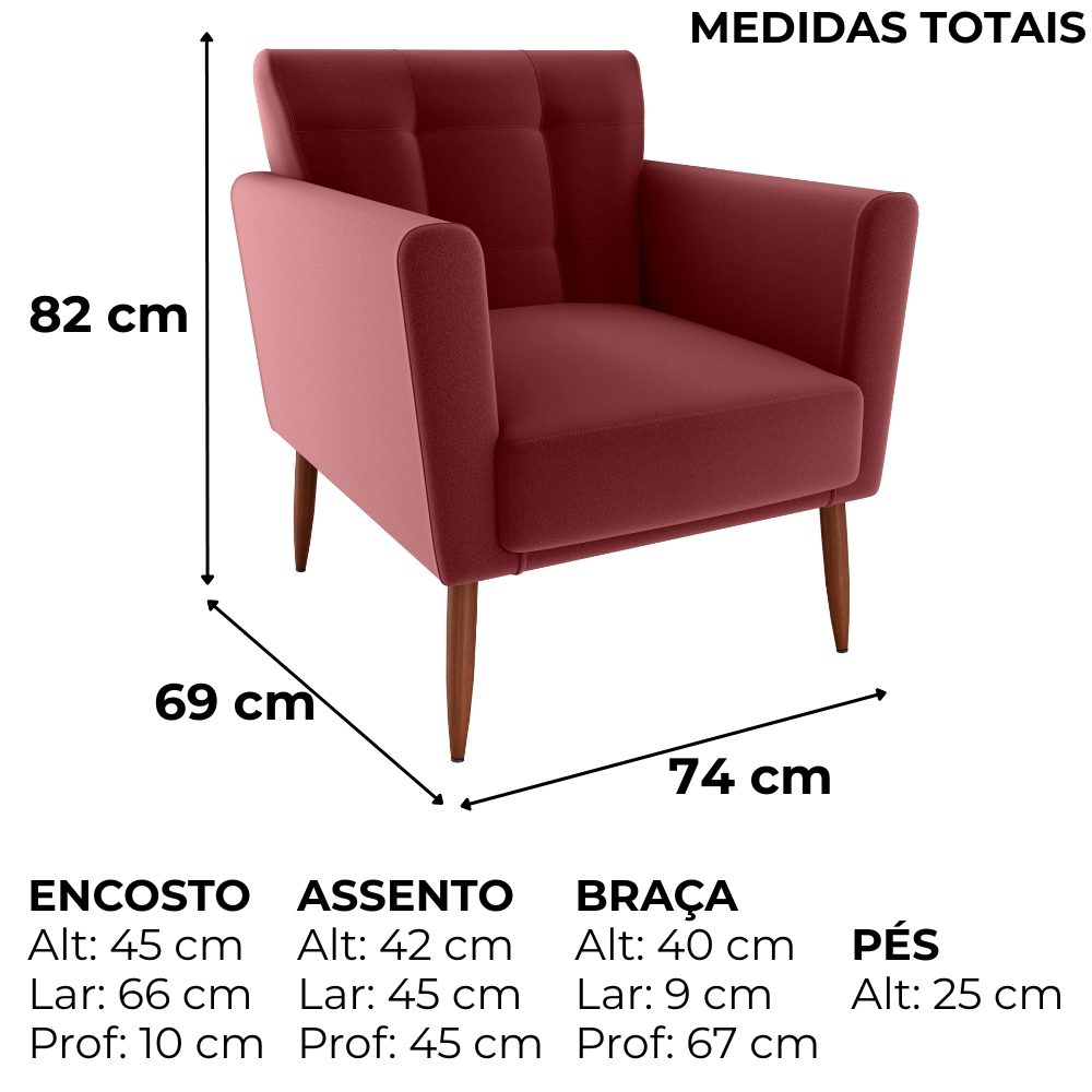 Poltrona Decorativa Pes Palito Cancun Veludo E432 Vermelho Milani Store