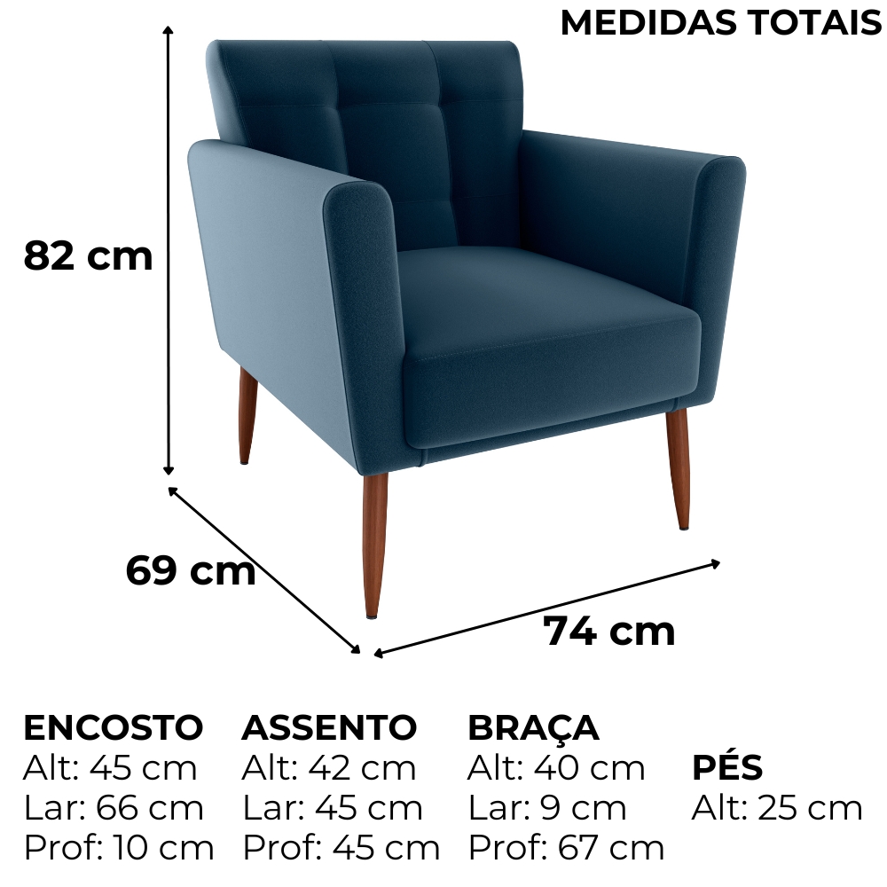 Poltrona Decorativa Pes Palito Cancun Veludo E433 Azul Milani Store