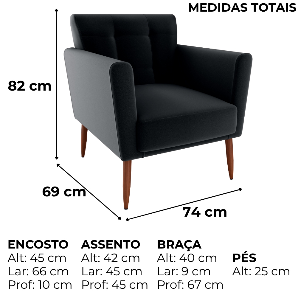 Poltrona Decorativa Pes Palito Cancun Veludo Inca E451 Preto Milani Store