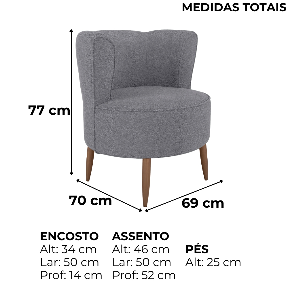 Poltrona Decorativa Pes Palito Savana Boucle Cinza Milani Store