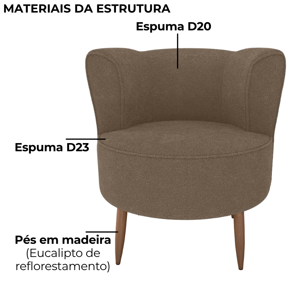 Poltrona Decorativa Pes Palito Savana Boucle Marrom Milani Store