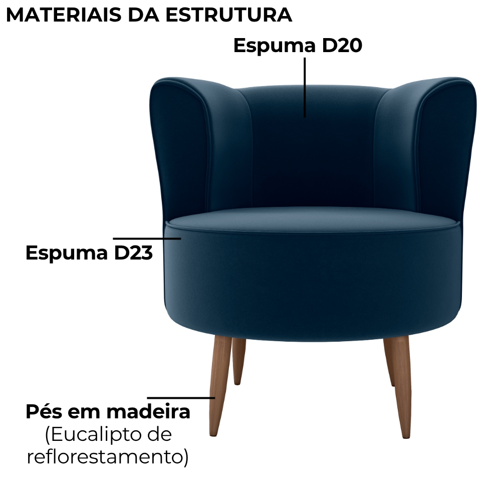 Poltrona Decorativa Pes Palito Savana Veludo Azul Milani Store