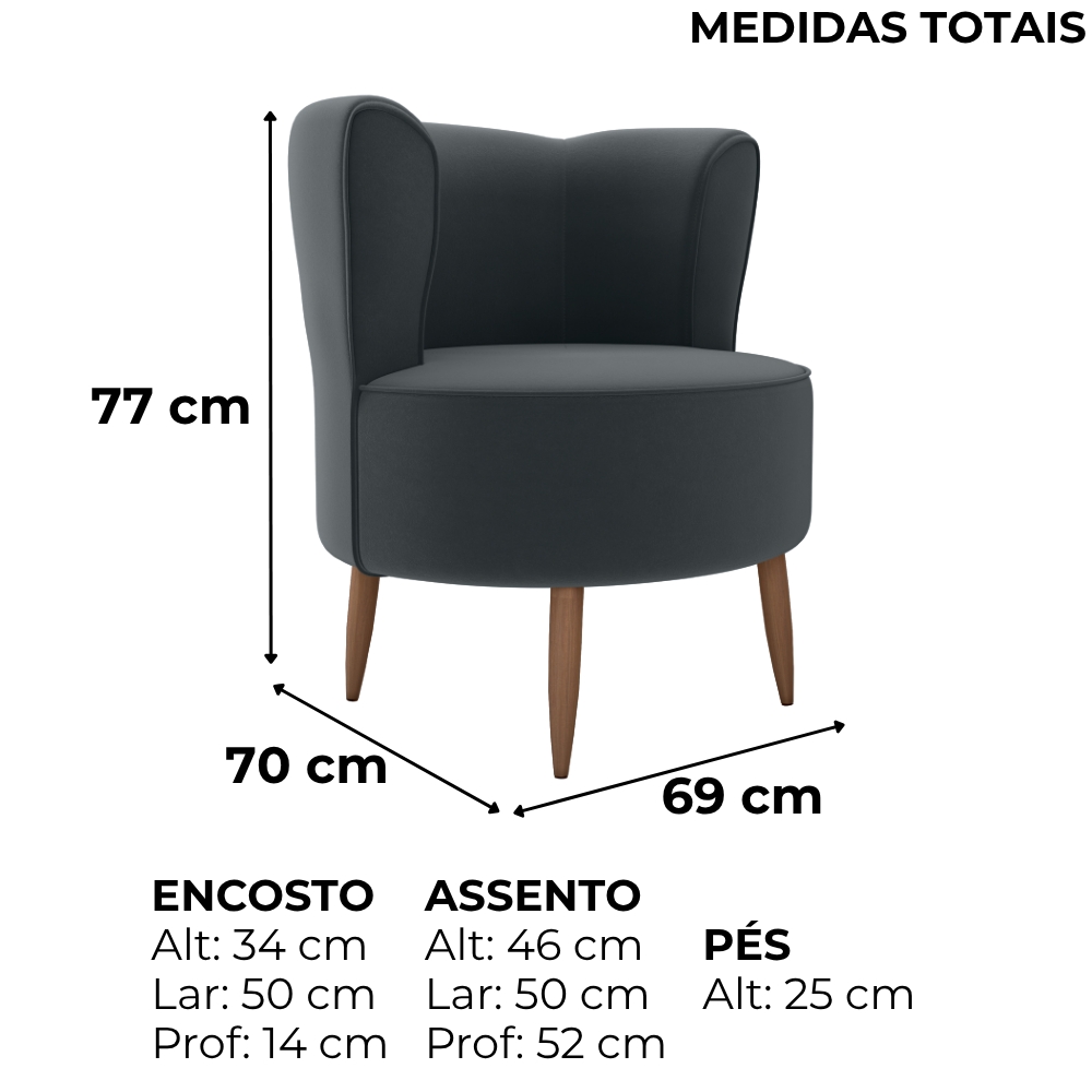 Poltrona Decorativa Pes Palito Savana Veludo Cinza Milani Store