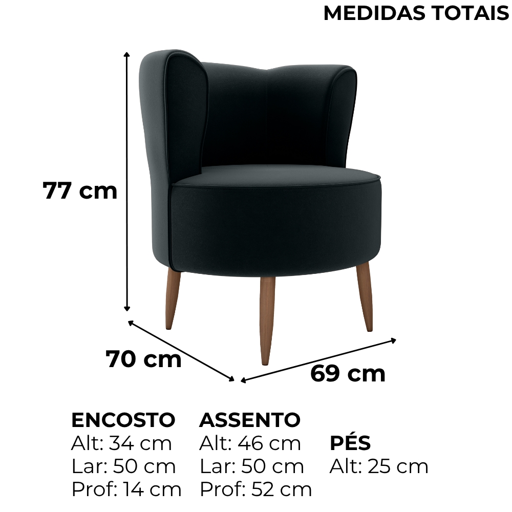 Poltrona Decorativa Pes Palito Savana Veludo Inca Preto Milani Store