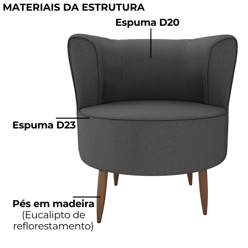 Poltrona Decorativa Pes Palito Savana Veludo Light Cinza Milani Store
